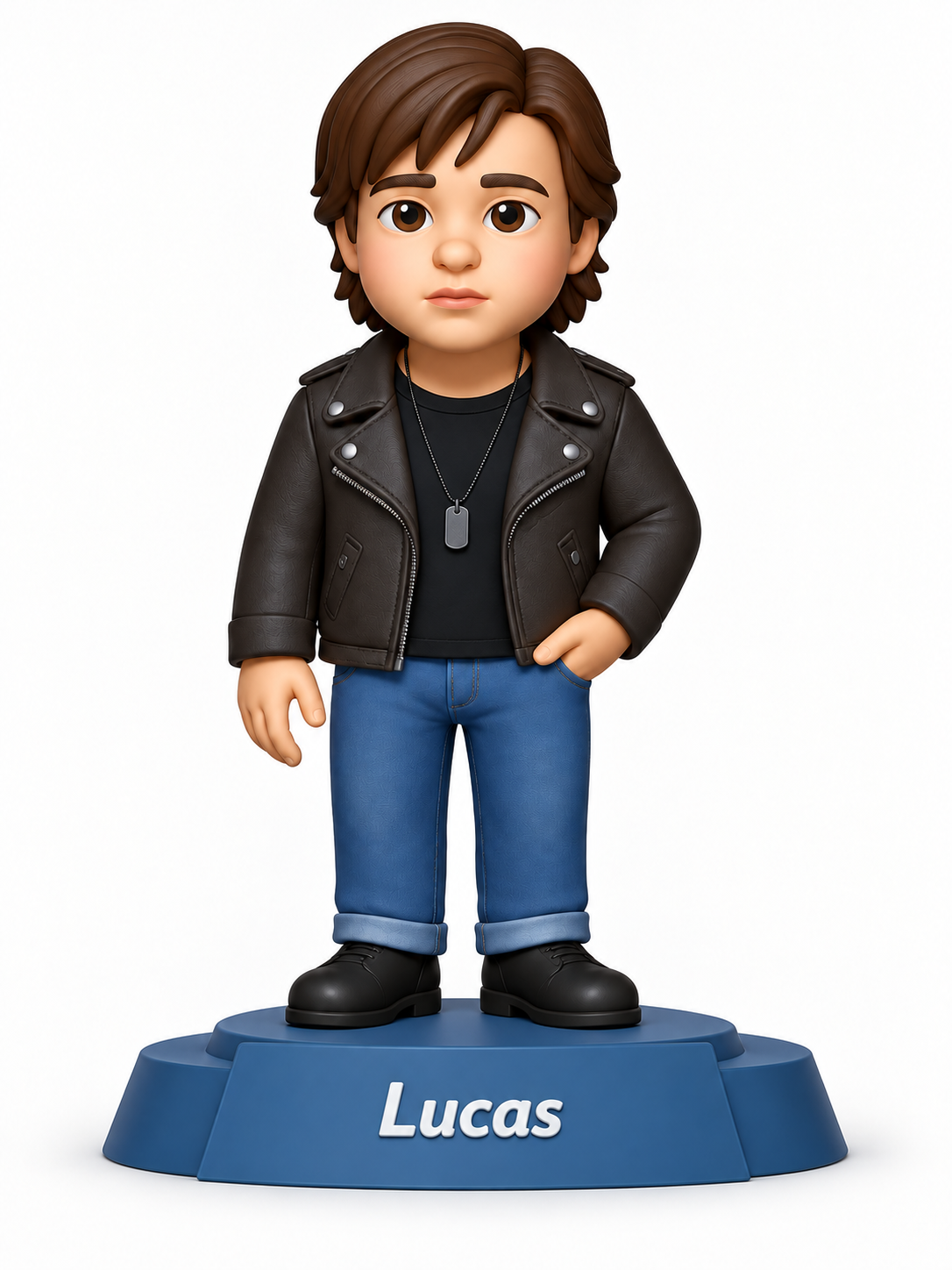 Lucas's personalised figurine with a named display base