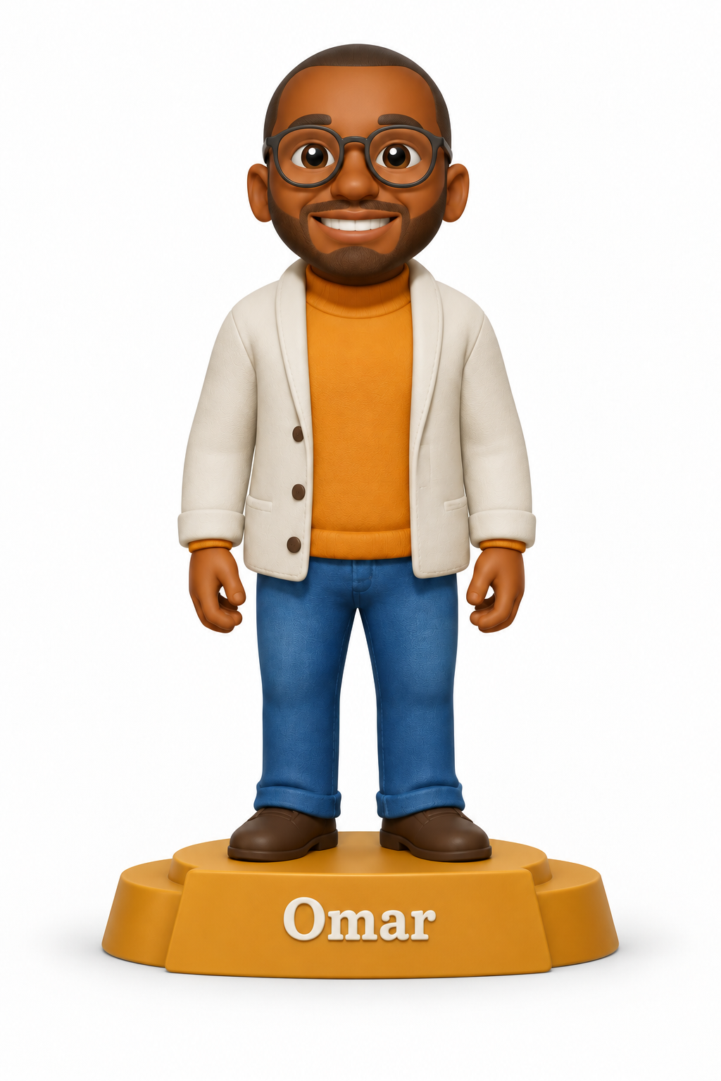 Omar's personalised figurine with a named display base