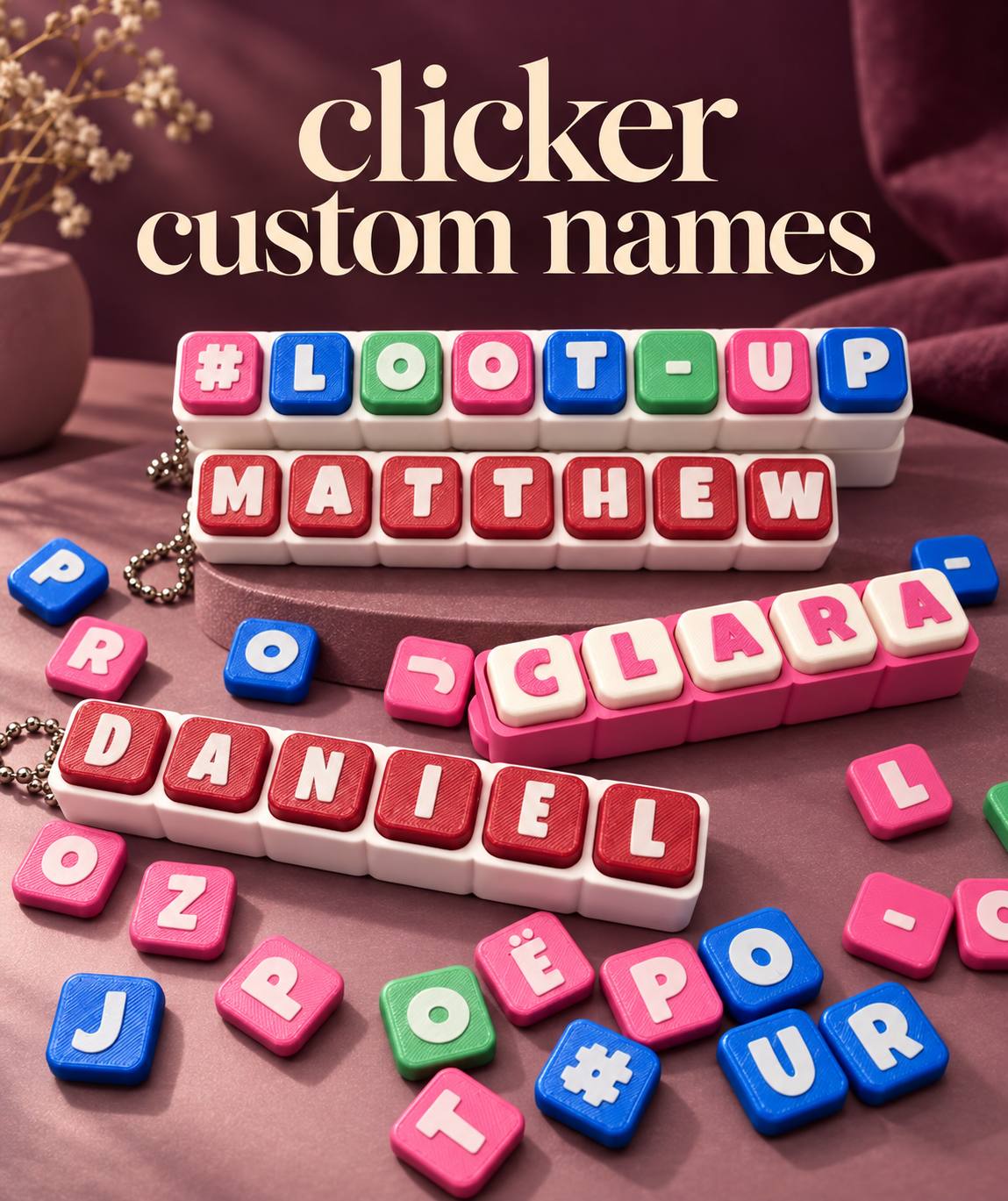 Colourful personalised name clickers